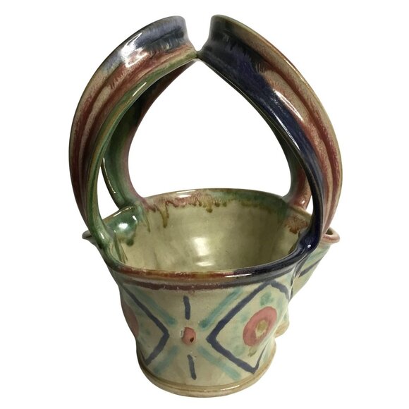 POR MUNTO Signed Studio Pottery Basket Multicolor 8 Handmade Boho Stoneware OOAK - Picture 2 of 9